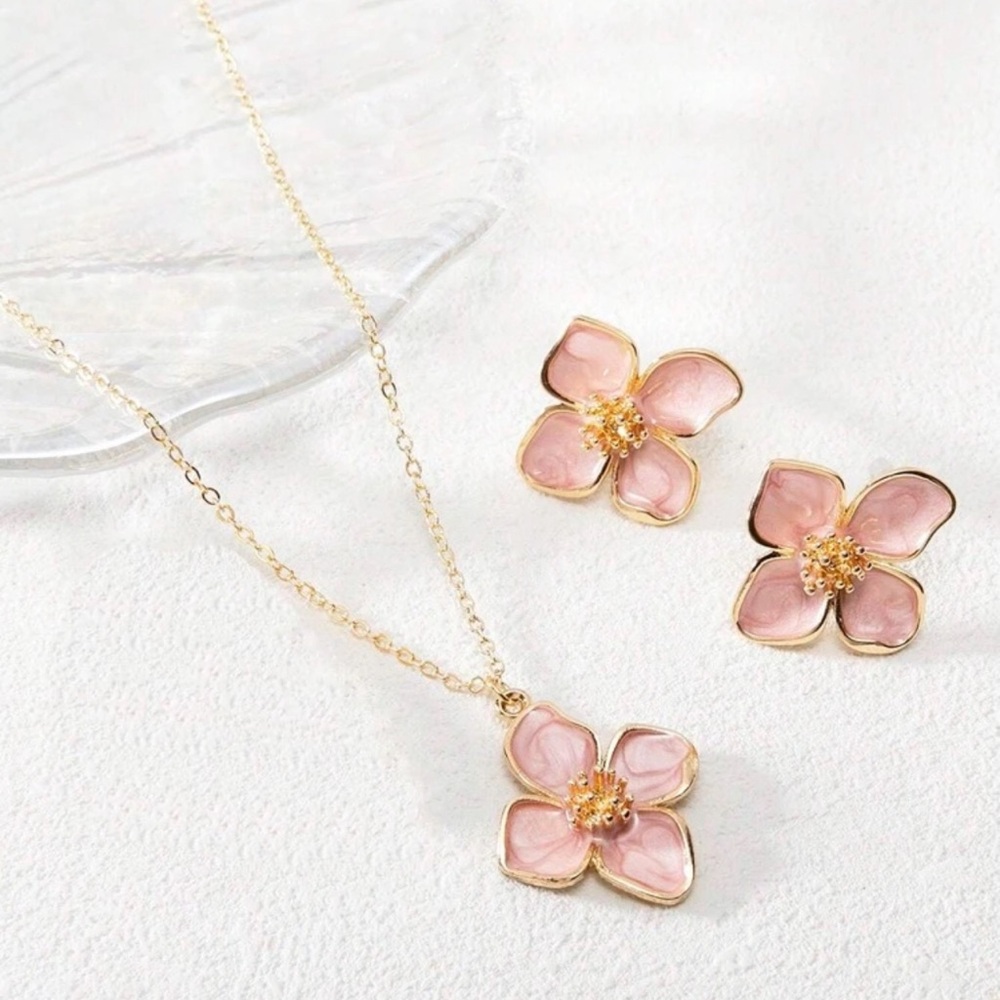 Pink Floral Necklace and Earring Set